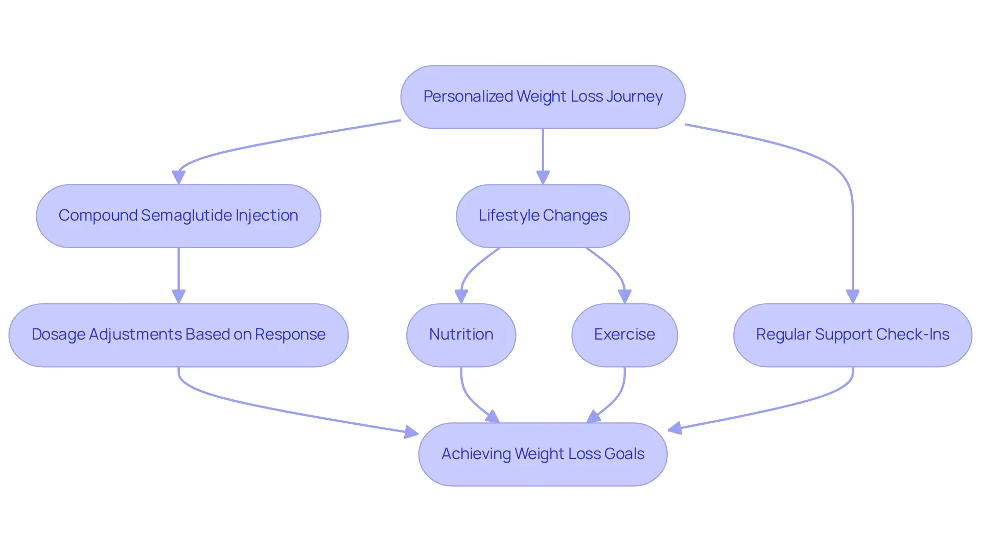 This flowchart shows the steps in your weight loss process. Start at the top with your journey, then follow the arrows through the medication, lifestyle adjustments, and support you receive, leading to your weight loss goals.