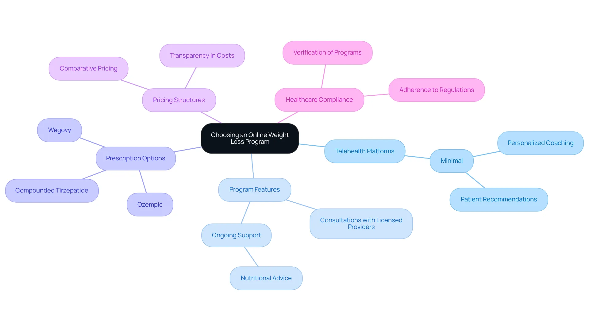 The central concept is your main goal — finding the right program. As you move outwards, each branch represents a key area to consider, leading to more specific details. This structure helps you see how everything connects.