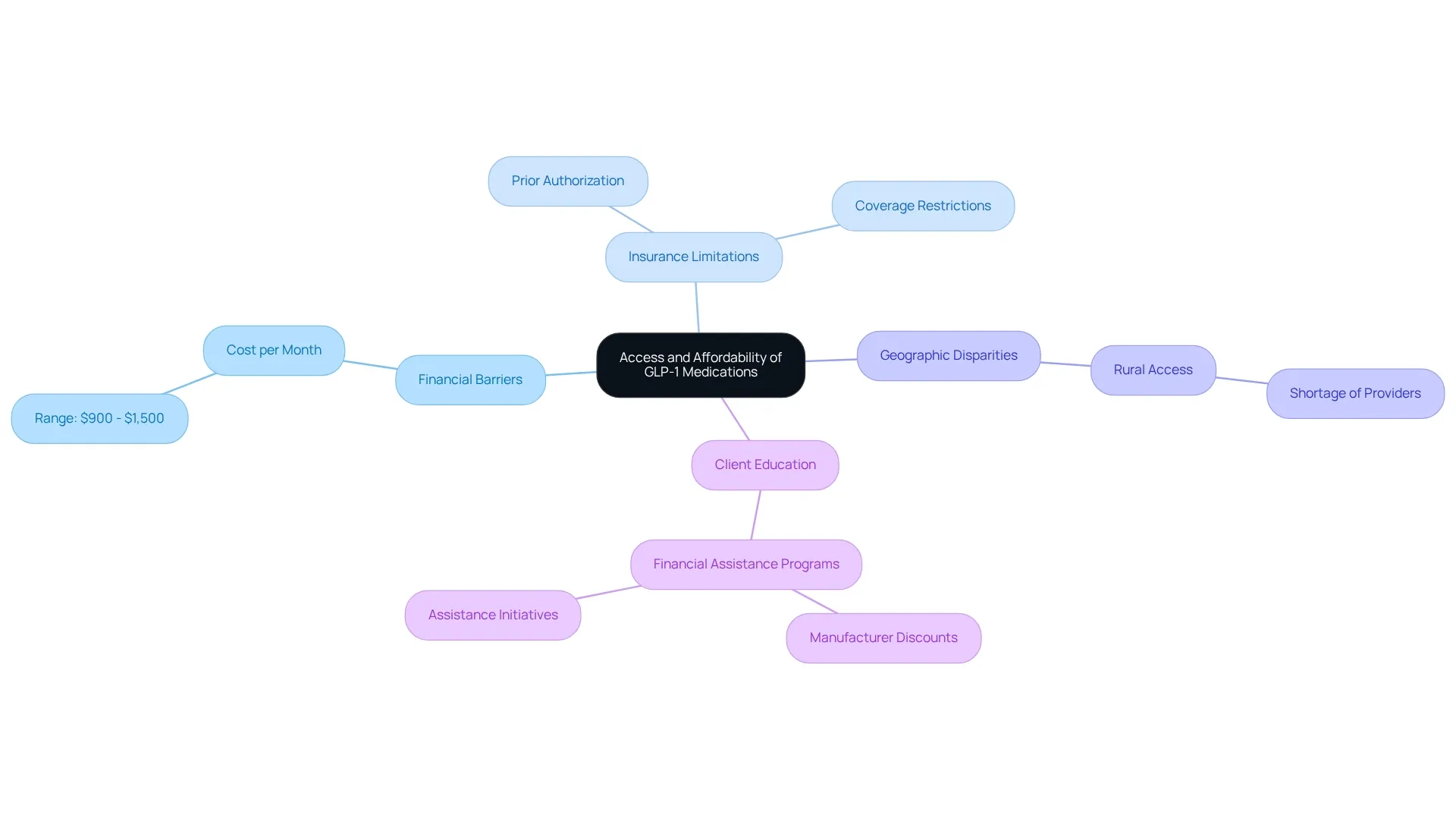 The central node represents the overall theme, while each branch explores different challenges. Sub-nodes give more detail on each challenge, helping to visualize the complexity of access and affordability issues. The central node represents the overall theme, while each branch explores different challenges. Sub-nodes give more detail on each challenge, helping to visualize the complexity of access and affordability issues.