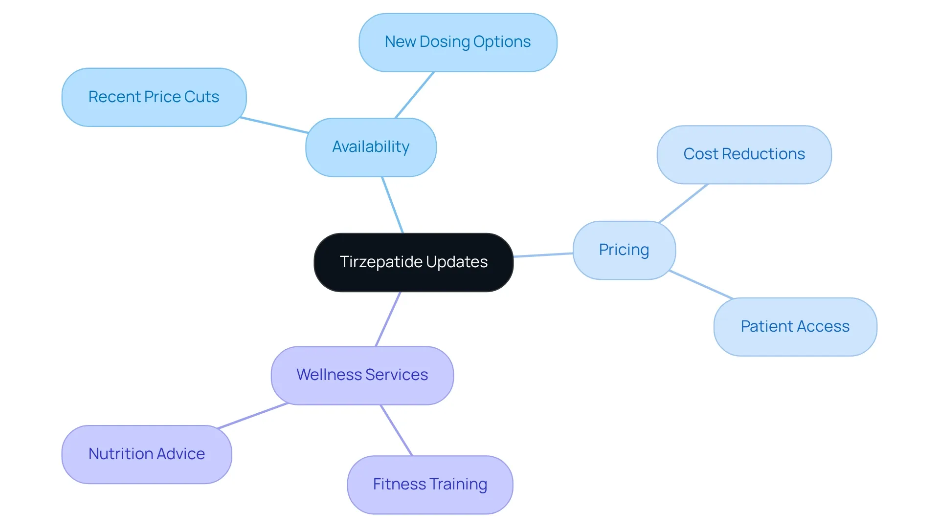 At the center is the medication update, with branches showing how it connects to pricing, availability, and additional health services. Follow the branches to see how each aspect supports patient access and weight loss journeys.