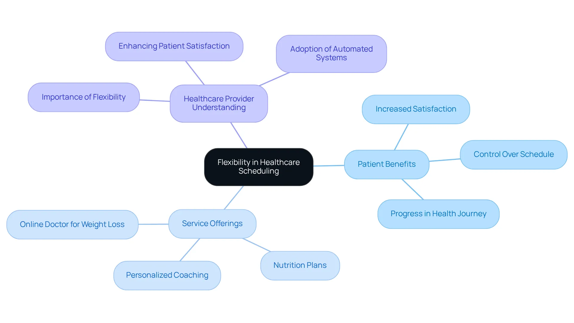 Start at the center with the main idea of flexibility, then explore how this flexibility benefits patients, what services are offered, and how providers respond to these needs.