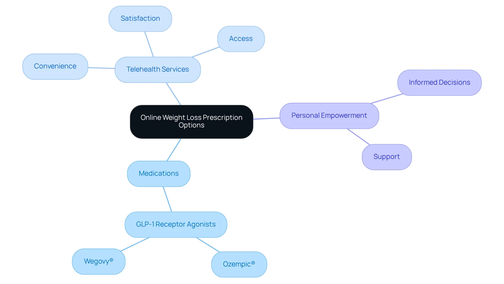 The central idea represents the options for online weight loss prescriptions, while branches show the main themes like medications, the role of telehealth, and personal empowerment. Each color-coded section highlights a different aspect, helping you see how everything connects.