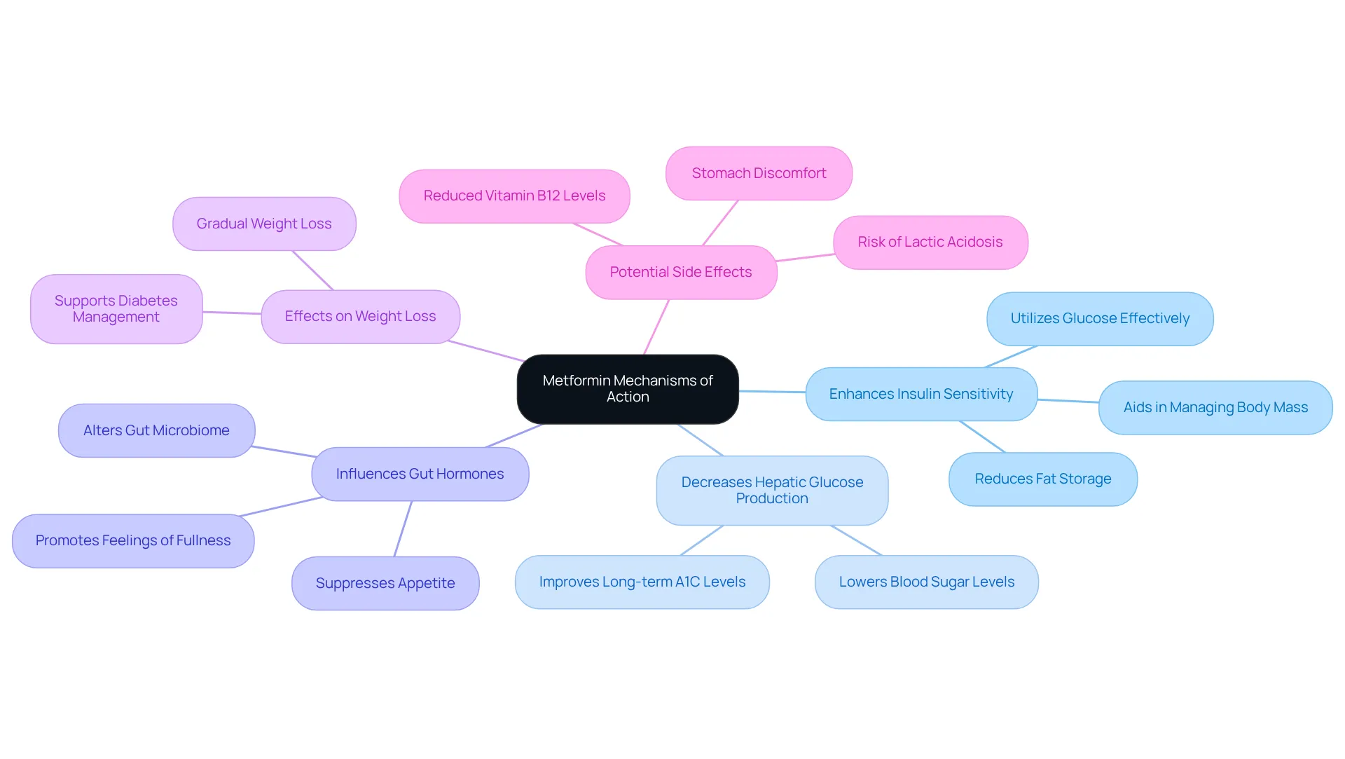 The central idea is metformin's action mechanisms, surrounded by branches that explain each mechanism's role in weight management and diabetes control. The additional side effects are included as a reminder of considerations when using this medication.