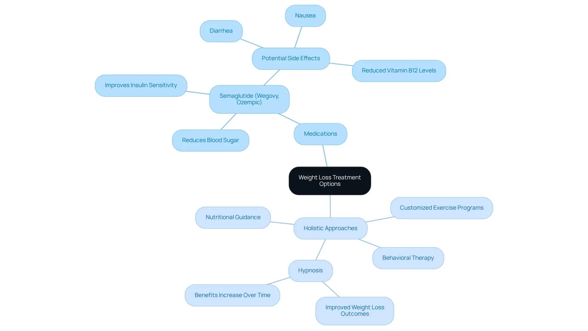 Central node represents overall weight loss strategies; branches indicate medications and holistic methods, with distinct colors denoting each category.