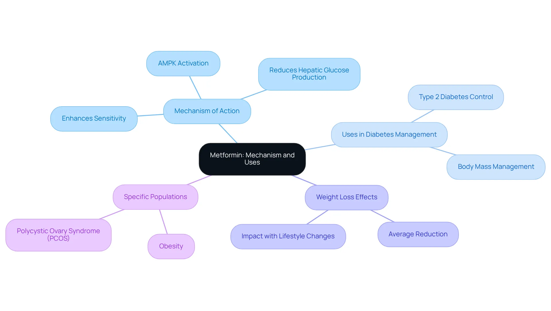 The center represents Metformin, and each branch explores different aspects of its impact and mechanism. Follow each branch to see how they contribute to the understanding of this medication's role in managing diabetes and body mass.